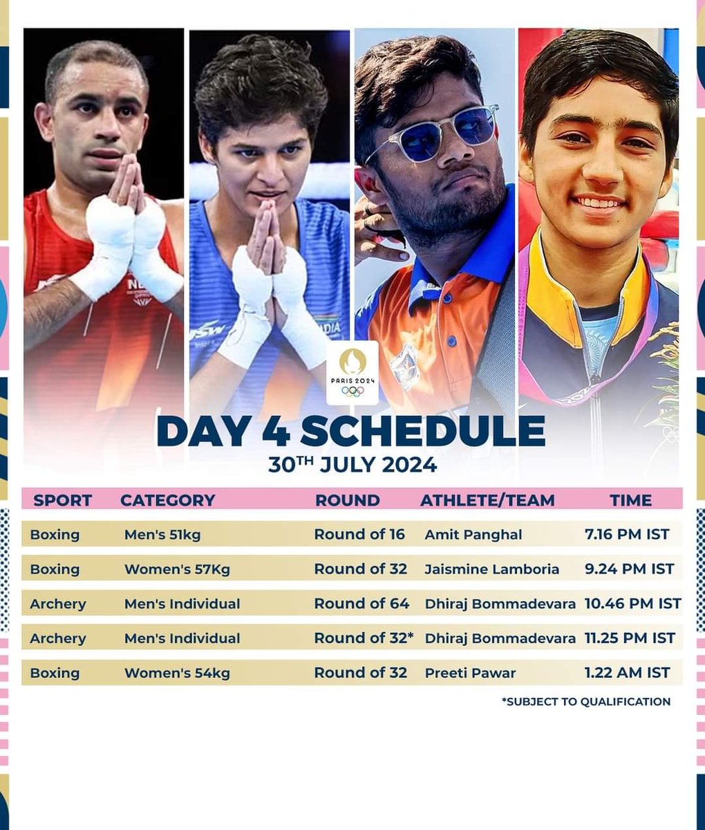 jitendery43's tweet photo. Day 4 schedule for Team India at the Paris Olympics!🇮🇳

Manu Bhaker and Sarabjot Singh will shoot for Bronze!💙

#Paris2024 #IndiaAtOlympics  #Olympics2024Paris #OlympicGames https://t.co/vrTvRAM5uy