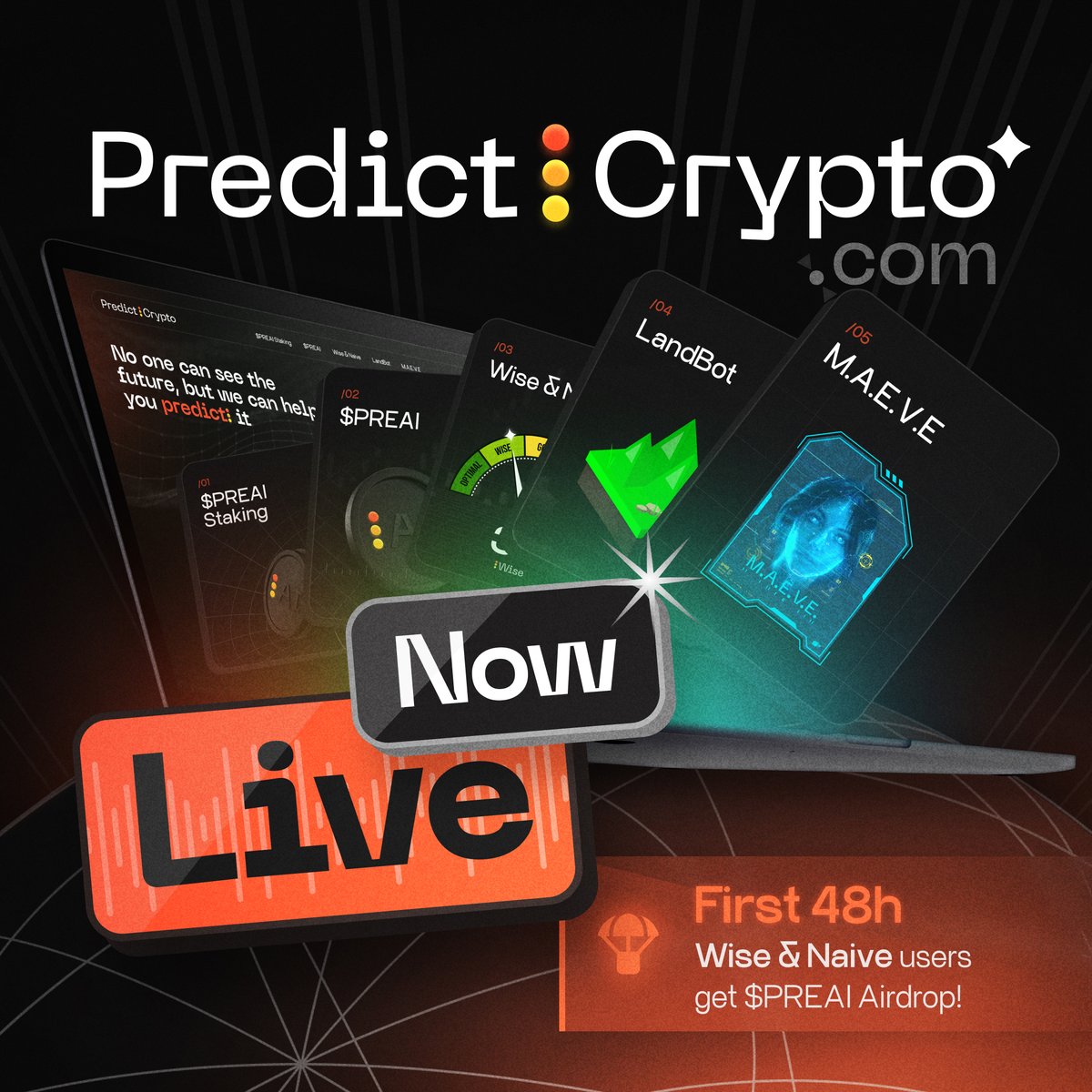 The $PREAI era starts now.

PredictCrypto.com V1 is live and the Wise &amp; Naive is available for everyone to use in realtime or to track tokens for the past 4 months!

All users within 48 hours will become eligible for our first $PREAI Airdrop. And for our first week you'll