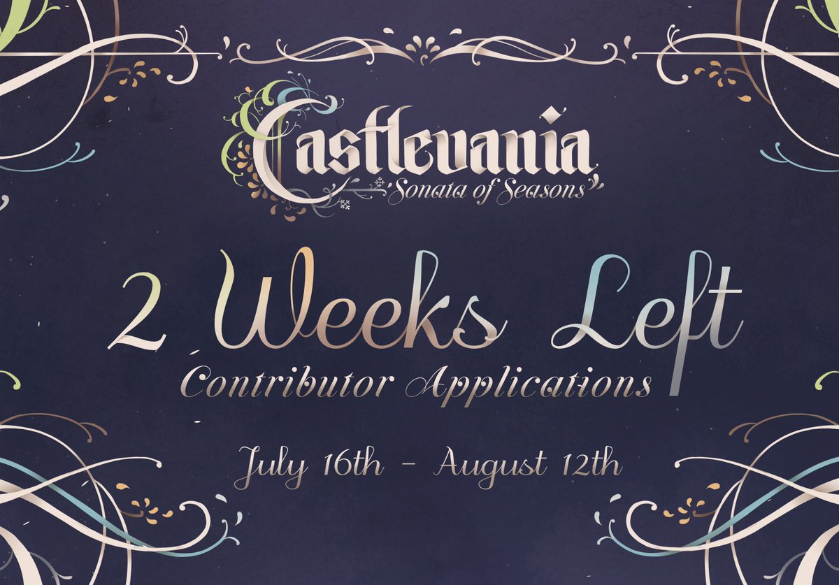 castlevaniaszn's tweet photo. ❄️🌷☀️🍂There are TWO WEEKS LEFT to apply as a contributor for the Castlevania: Sonata of Seasons zine!🍂☀️🌷❄️

Apply below! https://t.co/c8hv6n1PHs