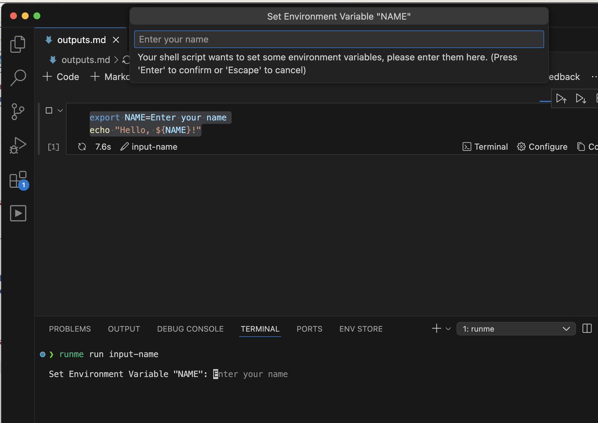 The cemented bifurcation between writing #shell scripts and #DevOps docs is striking.

Skip the "$ read NAME" dance and write runnable docs like docs.

With <a href="/runmedev/">runme</a>, we unlock runnable docs without adding shell clutter... it just works and is easier to understand.