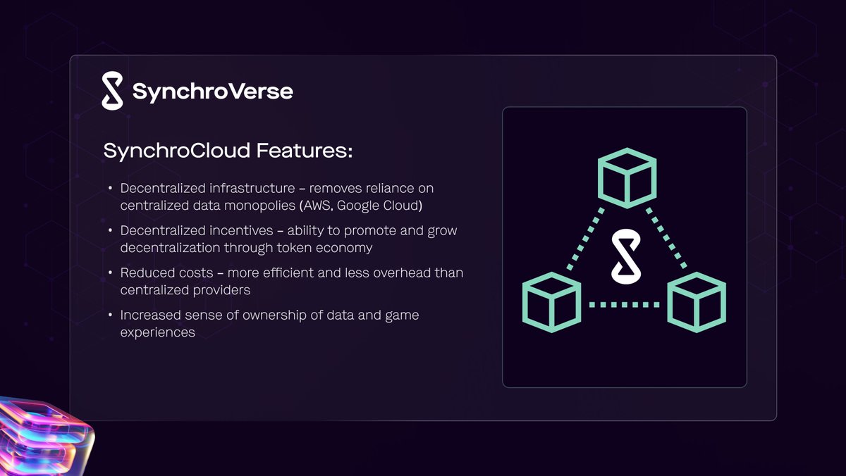 SynchroVerseAI's tweet photo. Cloud servers typically used to run LLMs are centralized in nature, which are costly to deploy and prone to latency and bottleneck issues.

SynchroCloud's decentralized structure allows it to achieve higher scalability and efficiency by adding individual nodes to the network. https://t.co/YhRcdBruJT