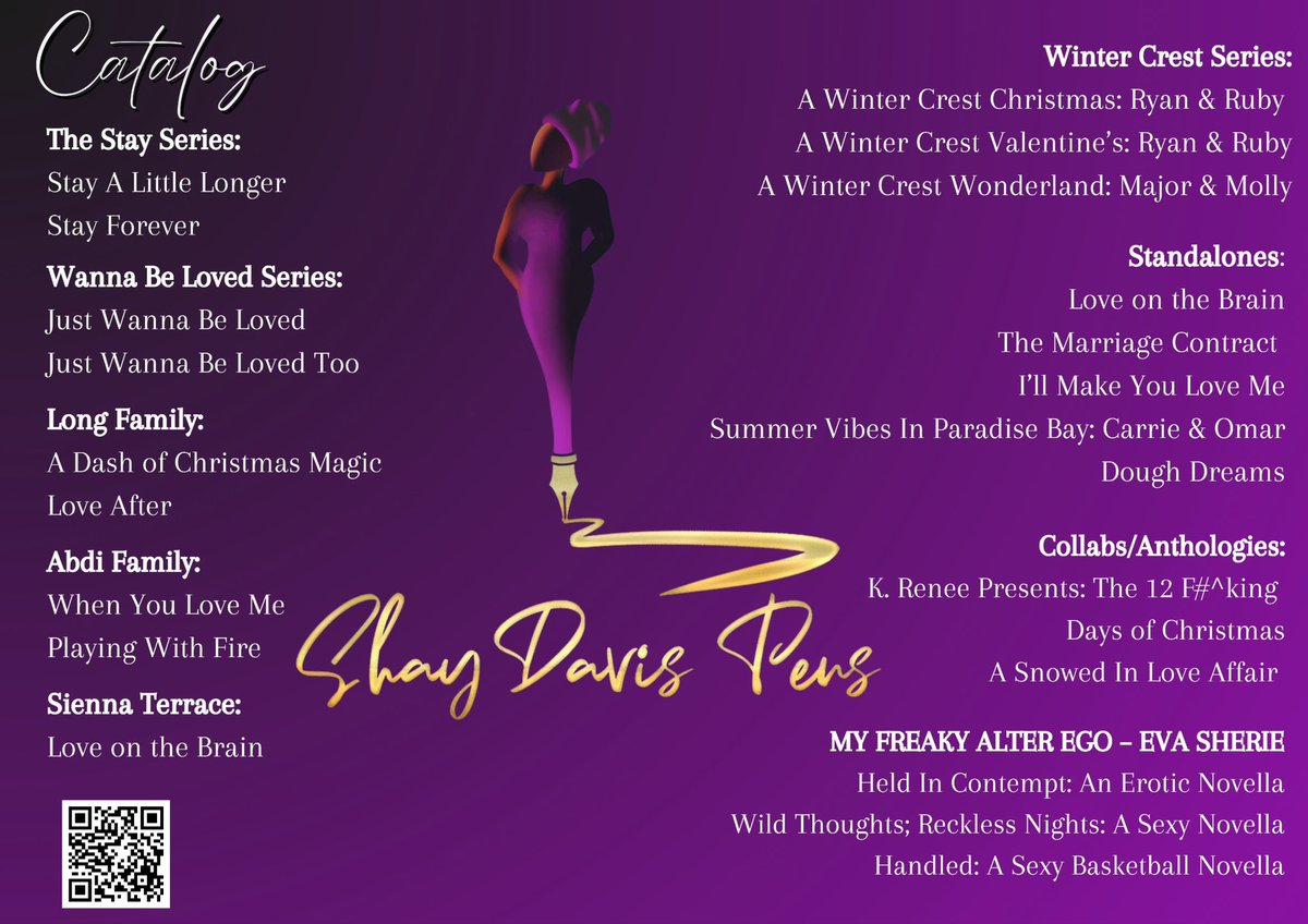 Check out my catalog and pick up your next Shay Davis read!! 💜💜💜💜💜

shaydavispens.com