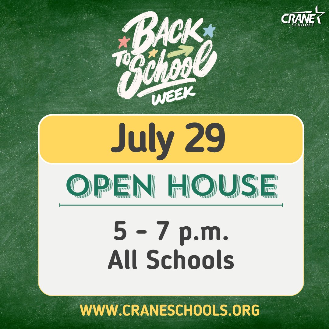 CraneSchools's tweet photo. ๐ It's #BacktoSchoolWeek at Crane! We're so excited for the 2024-25 school year. It's DAY 1 of our Open House event at all of our schools. Meet your kids' teachers, tour the classrooms and schools, get to know the leadership teams! Today's Schedule: 5-7 p.m. #WeAreCrane https://t.co/3La9mvvdzm