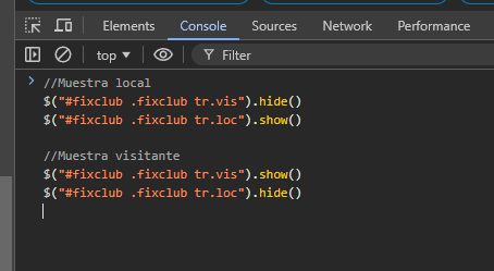 NasherFer's tweet photo. @chomickirio @EditsBoke F12 > console
Pegando o las primeras 3 lineas o las ultimas 3 depende de lo que quieras ver
//Muestra local
$("#fixclub .fixclub tr.vis").hide()
$("#fixclub .fixclub tr.loc").show()
//Muestra visitante
$("#fixclub .fixclub tr.vis").show()
$("#fixclub .fixclub tr.loc").hide() https://t.co/Etx6tRfS4B