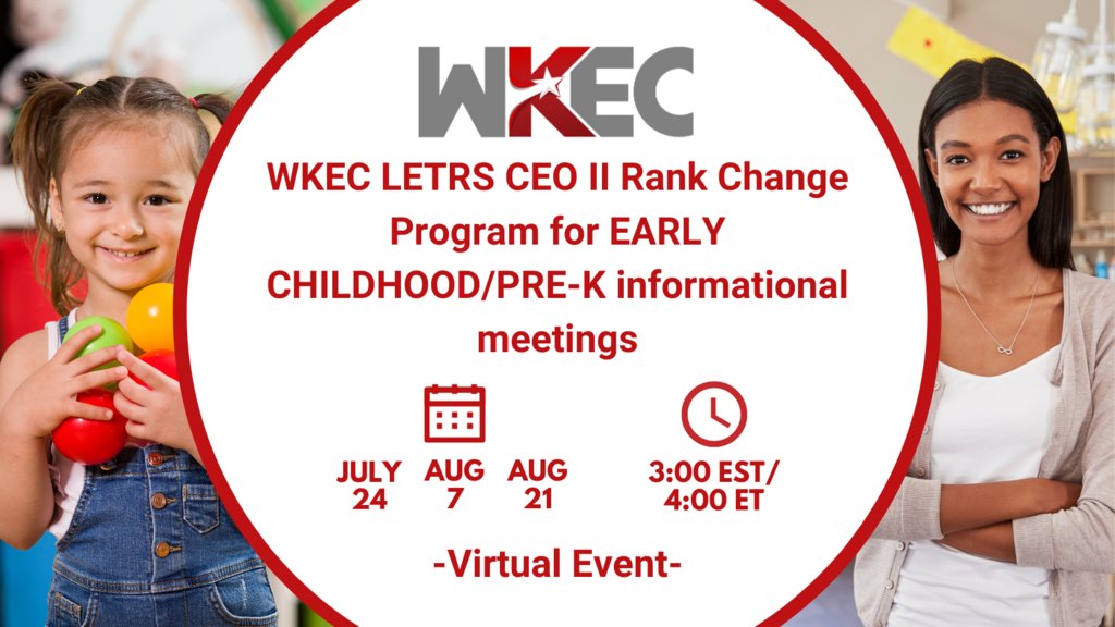 WKECSpecialEd's tweet photo. Don't miss the opportunity to attend one of our informational meetings regarding interest in the WKEC LETRS CEO II Rank Change Program for EARLY CHILDHOOD/PRE-K! The next meetings are on August 7th or August 21! 
Registration 🔗https://t.co/sHfONrViWh https://t.co/BpMeosISBR