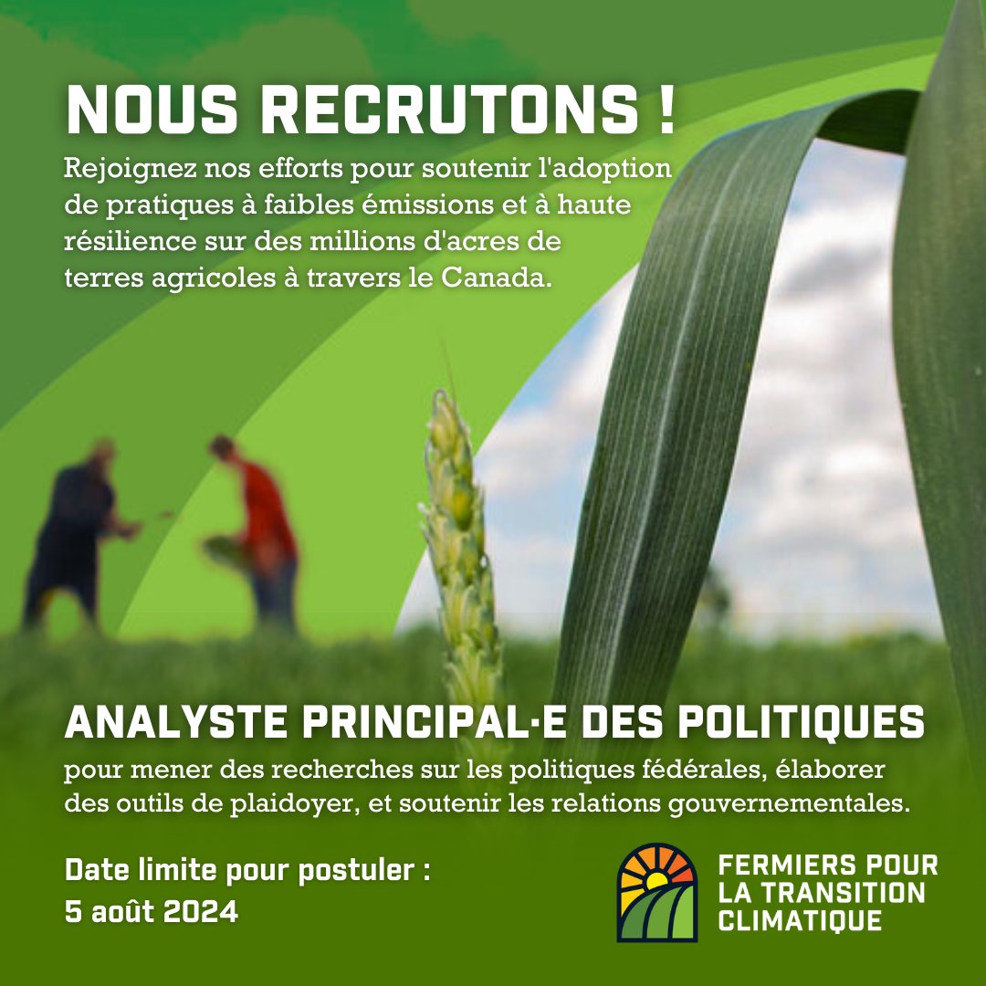 Nous embauchons un.e analyste principal.e des politiques! Joignez-vous à une équipe passionnée de partout au Canada. Malgré la taille de notre groupe, nous avons un impact important sur les politiques climatiques #AgCan. Aidez-nous à maintenir notre élan: fermierspourlatransitionclimatique.ca/analyste-princ…