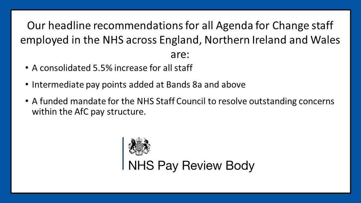 Today the NHS Pay Review Body (NHSPRB) published its 2024 report on pay for Agenda for Change (AfC) staff working in the NHS across England, Northern Ireland and Wales. You can find the NHSPRB Report here: 

gov.uk/government/pub…