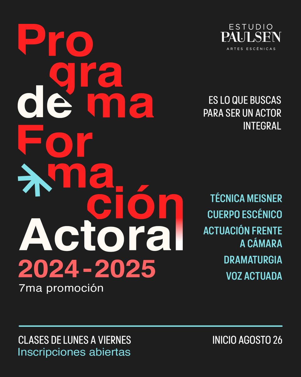¡Oficialmente abrimos las inscripciones para el nuevo periodo del Programa de Formación Actoral! 🌟 ¡Sé parte de la 7ma promoción y conviértete en un actor integral!

Durante 8 meses, 5 días de clases a la semana, 3 horas diarias.