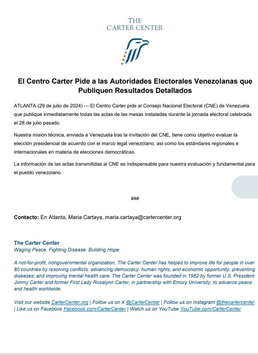 juanbarretoc's tweet photo. El Centro Cárter Fue invitado x el CNE. Ha sido testigo internacional de todos nuestros procesos electorales. Hoy pide q se publiquen las actas de manera transparente para q pueda haber reconocimiento internacional https://t.co/LH9uSwb4zQ