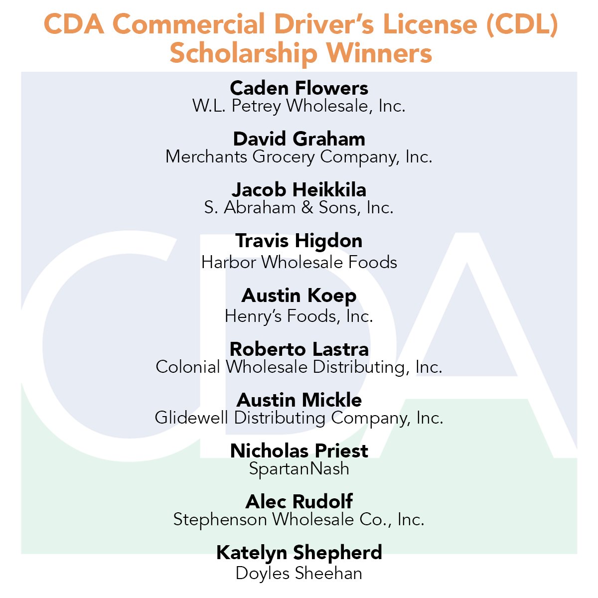 Congratulations to the winners of CDA's inaugural Commercial Driver's License (CDL) Scholarship Program! The program provides 10 CDA distributor member recipients with up to $5,000 toward training at a FMCSA-certified CDL training center. #CDAScholarships bit.ly/3WiTeHT