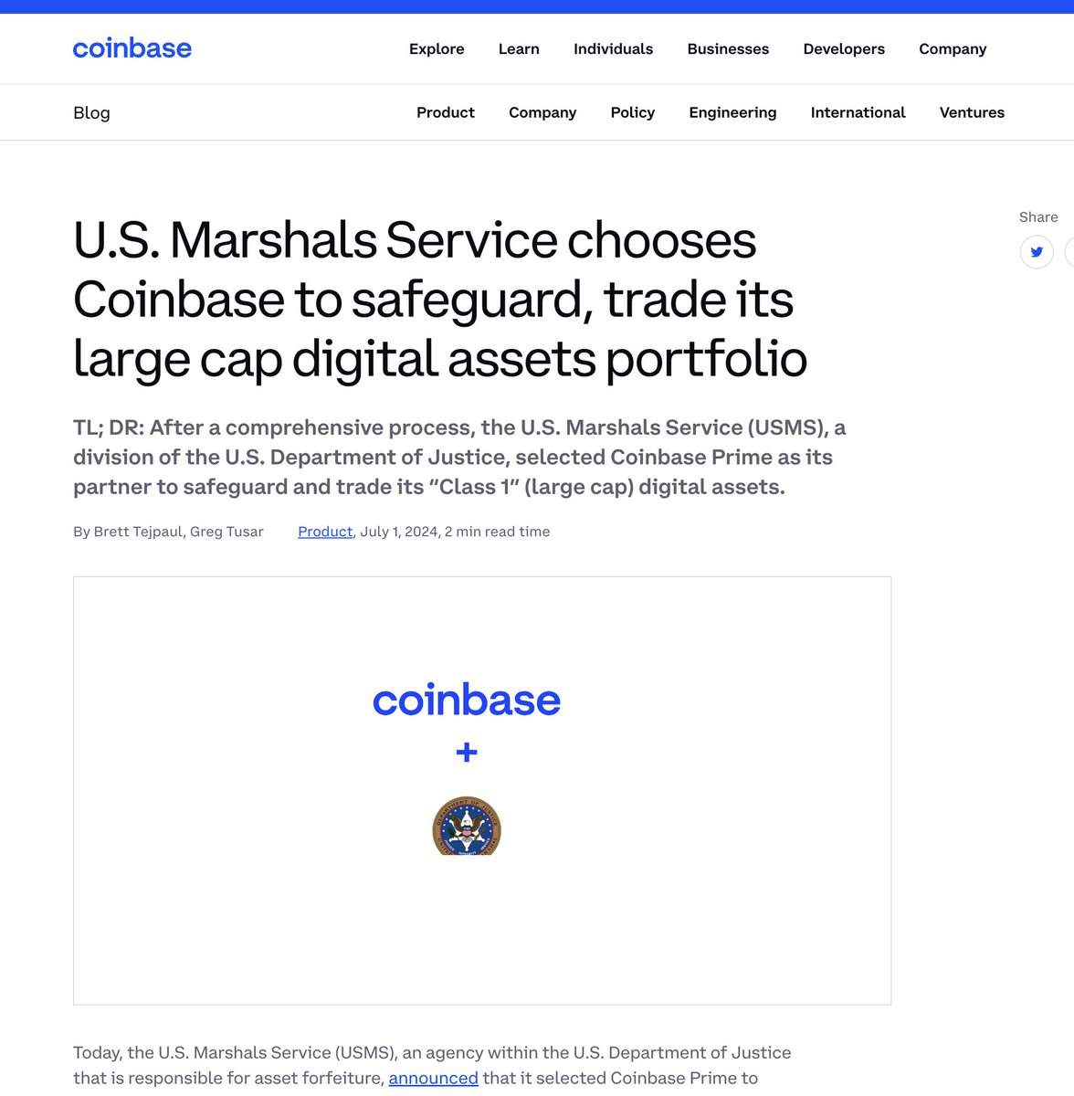 IMO: US Marshall Service is sending Bitcoin to @coinbase for custodianship.  Not to sell. The U.S. Marshals Service has selected Coinbase Prime to  provide custody and advanced trading services for its 