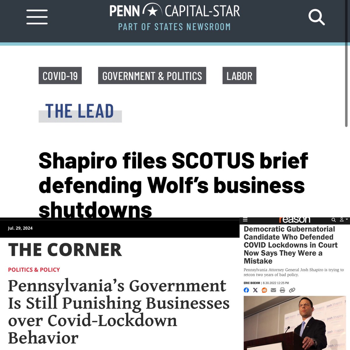 JondavidRLongo's tweet photo. Because of Democrat Governors and Attorneys General like Josh Shapiro who forced businesses to close in 2020 and 2021 and penalized them with legal and monetary punishments.

You folks can’t gaslight us, anymore. https://t.co/i44GoRMsD1