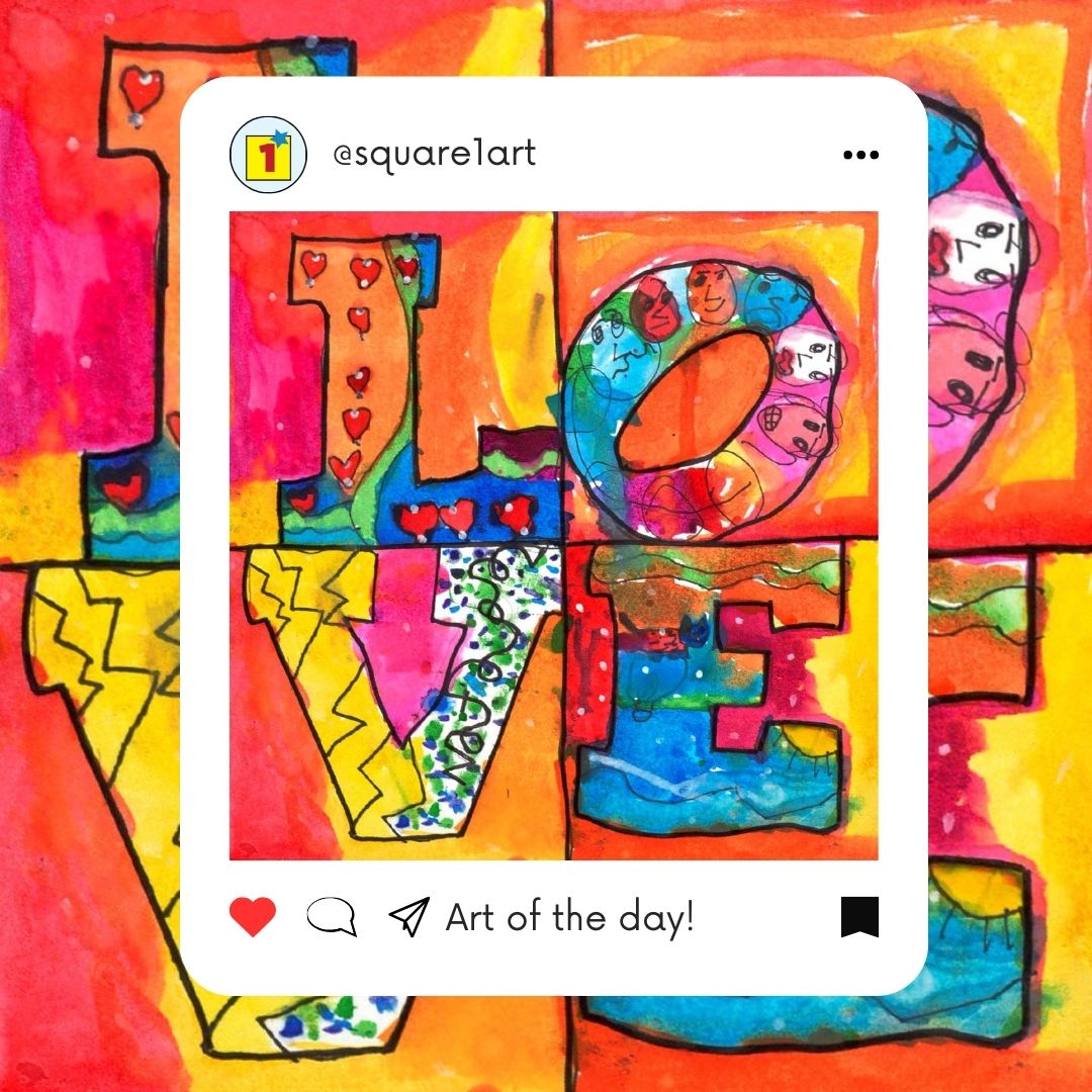 Art of the day is “Love in Squares” featuring art by Harvey Swanson Elementary. Simple Sign Up NOW for fall! square1art.com/enroll-now/🎨 #artfundraiser #artislife #artoftheday #artislove #artislove❤️ #artfundraising