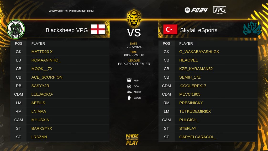 Virtual Pro Gaming (@officialvpg) on Twitter photo 🦁 Competitive 11v11 Pro Clubs
🏆 <a href="/VPGPremier/">VPG Esports Premier</a>
⚽️ <a href="/EASPORTSFC/">EA SPORTS FC</a> FC24
🏴 <a href="/VPG_blacksheep/">Blacksheep VPG</a> (5th)
🆚
🇹🇷 <a href="/SKYFALLesports_/">SKYFALL</a> (4th)
🎙️ Presented by <a href="/CasterPed/">Ped</a>
🎥 Live 8:45pm UK time - youtube.com/virtualprogami…
💰 Predict the score to win $10 and a free VPG Premium monthly! Write the score 🦁 Competitive 11v11 Pro Clubs
🏆 <a href="/VPGPremier/">VPG Esports Premier</a>
⚽️ <a href="/EASPORTSFC/">EA SPORTS FC</a> FC24
🏴 <a href="/VPG_blacksheep/">Blacksheep VPG</a> (5th)
🆚
🇹🇷 <a href="/SKYFALLesports_/">SKYFALL</a> (4th)
🎙️ Presented by <a href="/CasterPed/">Ped</a>
🎥 Live 8:45pm UK time - youtube.com/virtualprogami…
💰 Predict the score to win $10 and a free VPG Premium monthly! Write the score