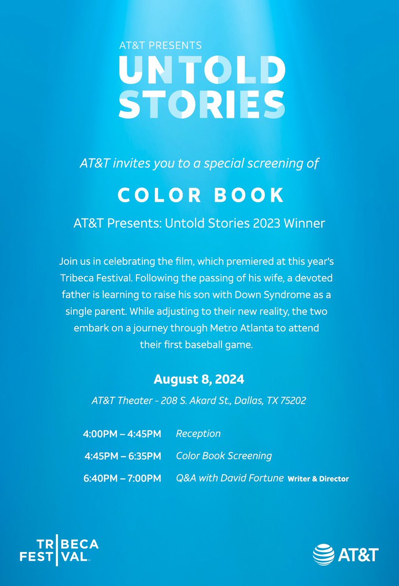 🎬 Experience a heartfelt evening! 🌟
Join us for "COLOR BOOK," winner of Untold Stories 2023, at the AT&amp;T Theater in Dallas on August 8, 2024. Enjoy a reception, screening, and Q&amp;A with writer-director David Fortune. Don't miss this inspiring story!
#ATTPresents #ColorBook