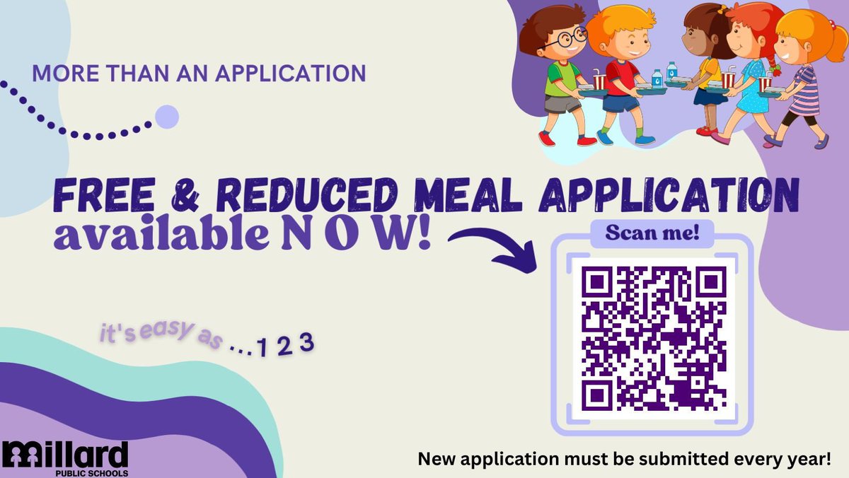 Millard Food Service (@mpsschoollunch) on Twitter photo The application for 2024-2025 Free/Reduced meals is open! A reminder that a new application is required for every school year, regardless of when you last applied! Scan the QR code below, or visit the MPS website-food service department. <a href="/MillardPS/">Millard Public Schools</a> The application for 2024-2025 Free/Reduced meals is open! A reminder that a new application is required for every school year, regardless of when you last applied! Scan the QR code below, or visit the MPS website-food service department. <a href="/MillardPS/">Millard Public Schools</a>