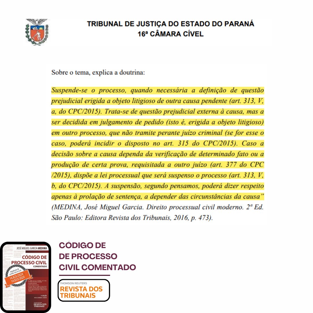 CPCComentado's tweet photo. O processo será suspenso quando for necessária a definição de questão prejudicial que seja objeto litigioso de outra causa pendente (art. 313, V, a, do CPC/2015). Tal questão é externa à causa, mas deve ser decidida em outro processo, exceto se este tramitar em [...] https://t.co/lFQHDs2zem
