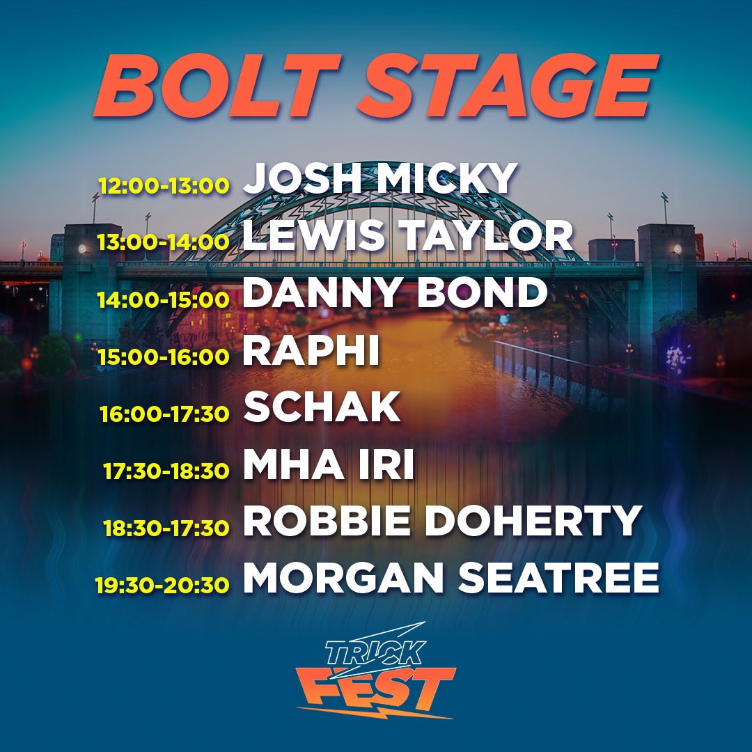 Full 3 stage breakdown for TrickFest this Saturday 
￼
20+ artists across 3 stages for 1 day only! ⚡️⚡️⚡️