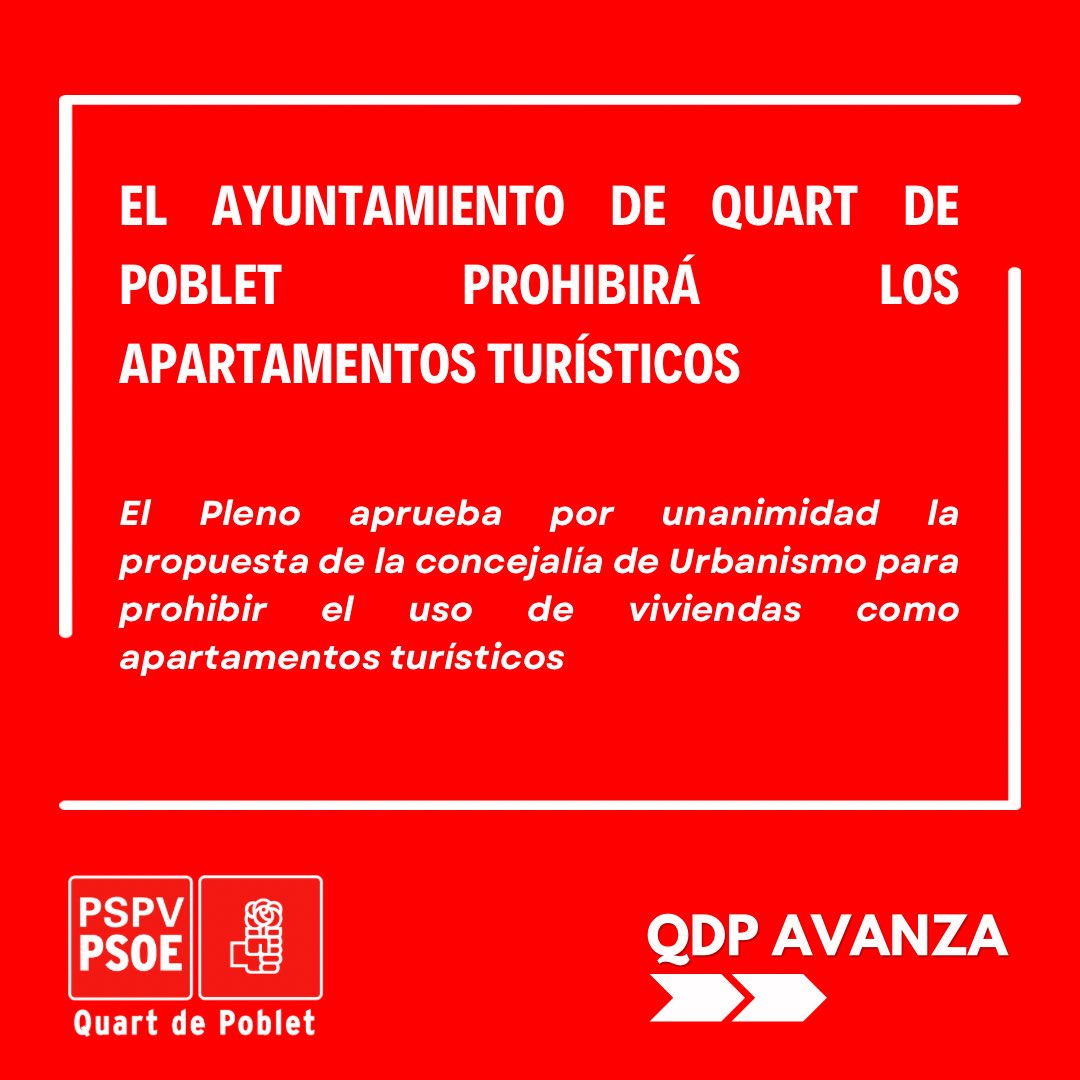 ⛔️Quart de Poblet prohibirá los apartamentos turísticos. 

✅ El Pleno del Ayuntamiento aprueba por unanimidad la propuesta de la concejalía de Urbanismo de prohibir el uso de viviendas como apartamentos turísticos. 

#QdPAvanza