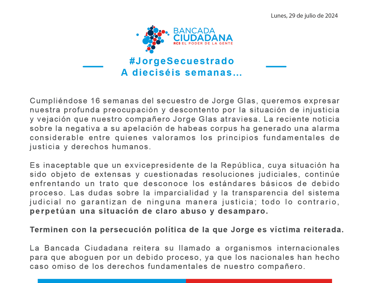 🔊#JorgeSecuestrado 

La situación de nuestro compañero Jorge Glas es alarmante. La reciente negativa a su apelación de habeas corpus ha evidenciado la grave injusticia que enfrenta.

Es inconcebible que un exvicepresidente sea tratado con tal falta de respeto, especialmente