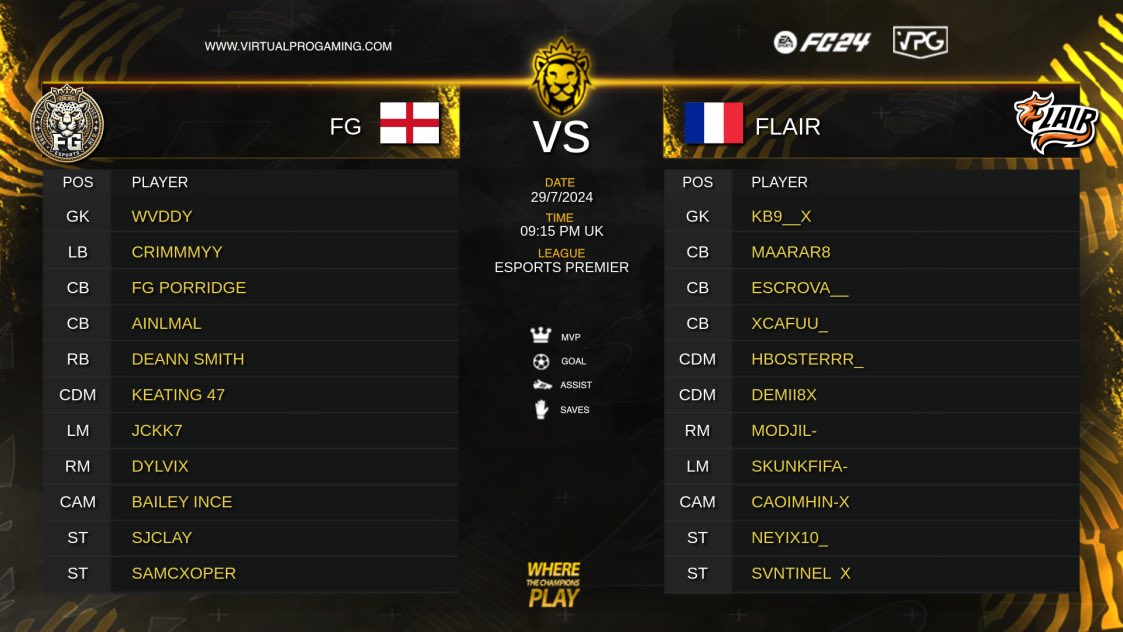 Virtual Pro Gaming (@officialvpg) on Twitter photo ๐ฆ Competitive 11v11 Pro Clubs
๐ <a href="/VPGPremier/">VPG Esports Premier</a>
โฝ๏ธ <a href="/EASPORTSFC/">EA SPORTS FC</a> FC24
๐ด๓ ง๓ ข๓ ฅ๓ ฎ๓ ง๓ ฟ <a href="/FGFIFA_/">VLG FG</a> (2nd)
๐
๐ซ๐ท @FlairOG (16th)
๐๏ธ Presented by <a href="/CasterPed/">Ped</a>
๐ฅ Live 9:15pm UK time - youtube.com/virtualprogamiโฆ
๐ฐ Predict the score to win $10 and a free VPG Premium monthly! Write the score on this post. ๐ฆ Competitive 11v11 Pro Clubs
๐ <a href="/VPGPremier/">VPG Esports Premier</a>
โฝ๏ธ <a href="/EASPORTSFC/">EA SPORTS FC</a> FC24
๐ด๓ ง๓ ข๓ ฅ๓ ฎ๓ ง๓ ฟ <a href="/FGFIFA_/">VLG FG</a> (2nd)
๐
๐ซ๐ท @FlairOG (16th)
๐๏ธ Presented by <a href="/CasterPed/">Ped</a>
๐ฅ Live 9:15pm UK time - youtube.com/virtualprogamiโฆ
๐ฐ Predict the score to win $10 and a free VPG Premium monthly! Write the score on this post.