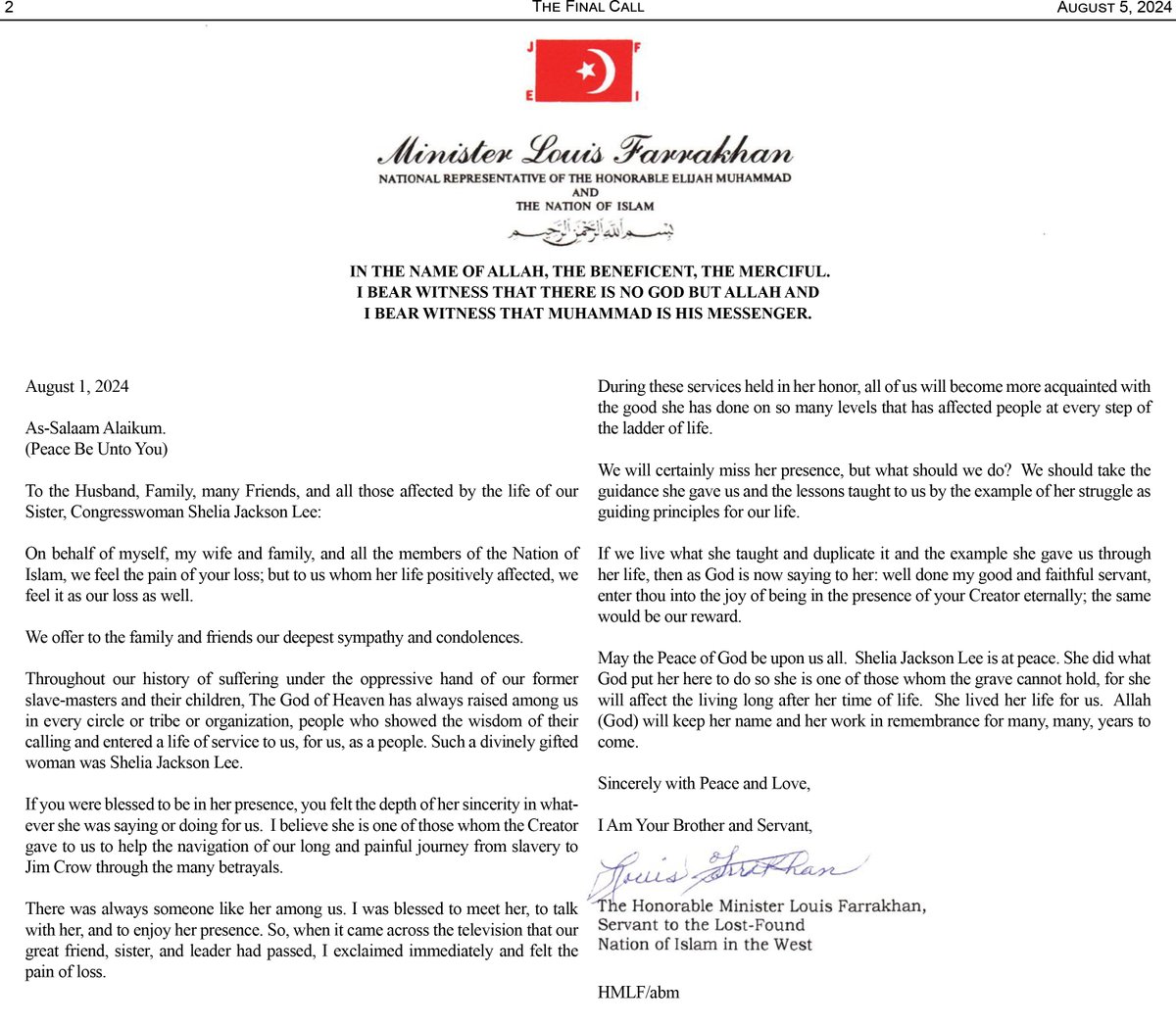LouisFarrakhan's tweet image. As-Salaam Alaikum.
(Peace Be Unto You)
To the Husband, Family, many Friends, and all those affected by the life of our Sister, Congresswoman Shelia Jackson Lee (@JacksonLeeTX18):
On behalf of myself, my wife and family, and all the members of the Nation of Islam, we feel the…