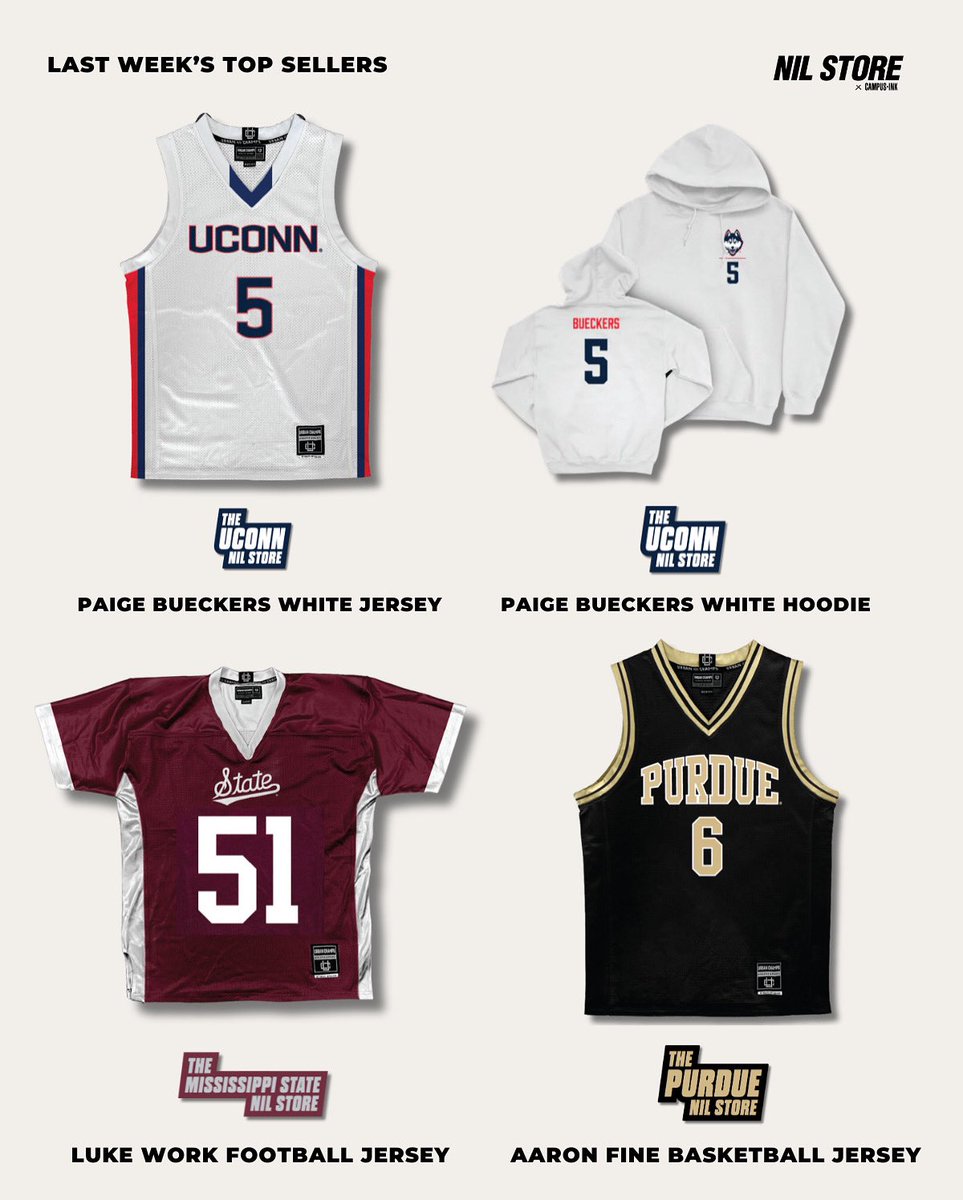 The NIL Store (@nil_store) on Twitter photo Last Week’s Top Sellers!
1. <a href="/UConnNILStore/">UConn NIL Store</a> <a href="/paigebueckers1/">Paige Bueckers</a> White Basketball Jersey
2. <a href="/UConnNILStore/">UConn NIL Store</a> <a href="/paigebueckers1/">Paige Bueckers</a> White Hoodie
3. @HailStNILStor @lukework1 Football Jersey
4. <a href="/PurdueNILStore/">Purdue NIL Store</a> <a href="/aaronfine_3/">Aaron Fine</a> Black Basketball Jersey Last Week’s Top Sellers!
1. <a href="/UConnNILStore/">UConn NIL Store</a> <a href="/paigebueckers1/">Paige Bueckers</a> White Basketball Jersey
2. <a href="/UConnNILStore/">UConn NIL Store</a> <a href="/paigebueckers1/">Paige Bueckers</a> White Hoodie
3. @HailStNILStor @lukework1 Football Jersey
4. <a href="/PurdueNILStore/">Purdue NIL Store</a> <a href="/aaronfine_3/">Aaron Fine</a> Black Basketball Jersey