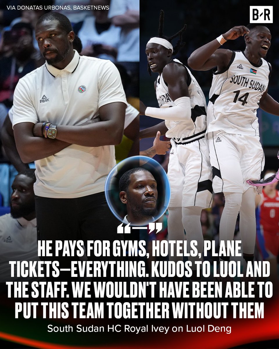 BleacherReport's tweet photo. South Sudan men's basketball HC Royal Ivey credits Luol Deng for using his own money to pay for the country's basketball program 💯

They have already made history despite being the youngest nation in the world 🙌

(via @Urbodo, @BasketNews_com) https://t.co/oKCZkI14Em
