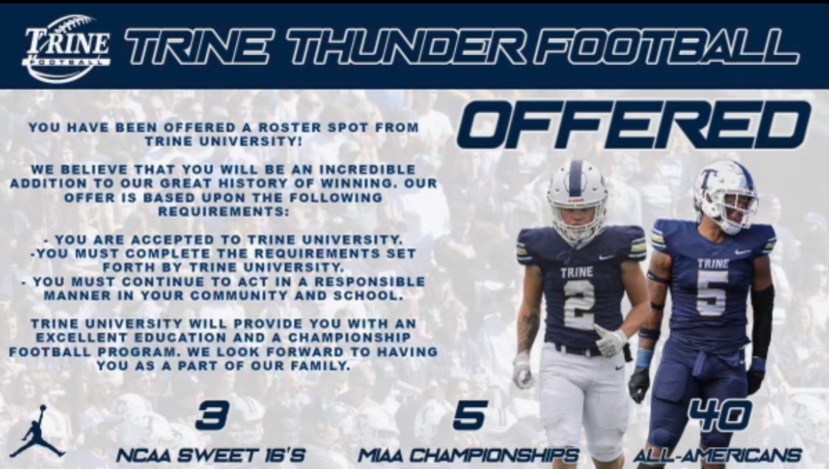 prestonpekala81's tweet photo. I am blessed and humbled to receive my third college football offer from Trine University! Thank you @CoachWilliamsJ for the opportunity! All glory to God. @CoachJMiracle @BlairJSchlicher https://t.co/zS6owetpt1
