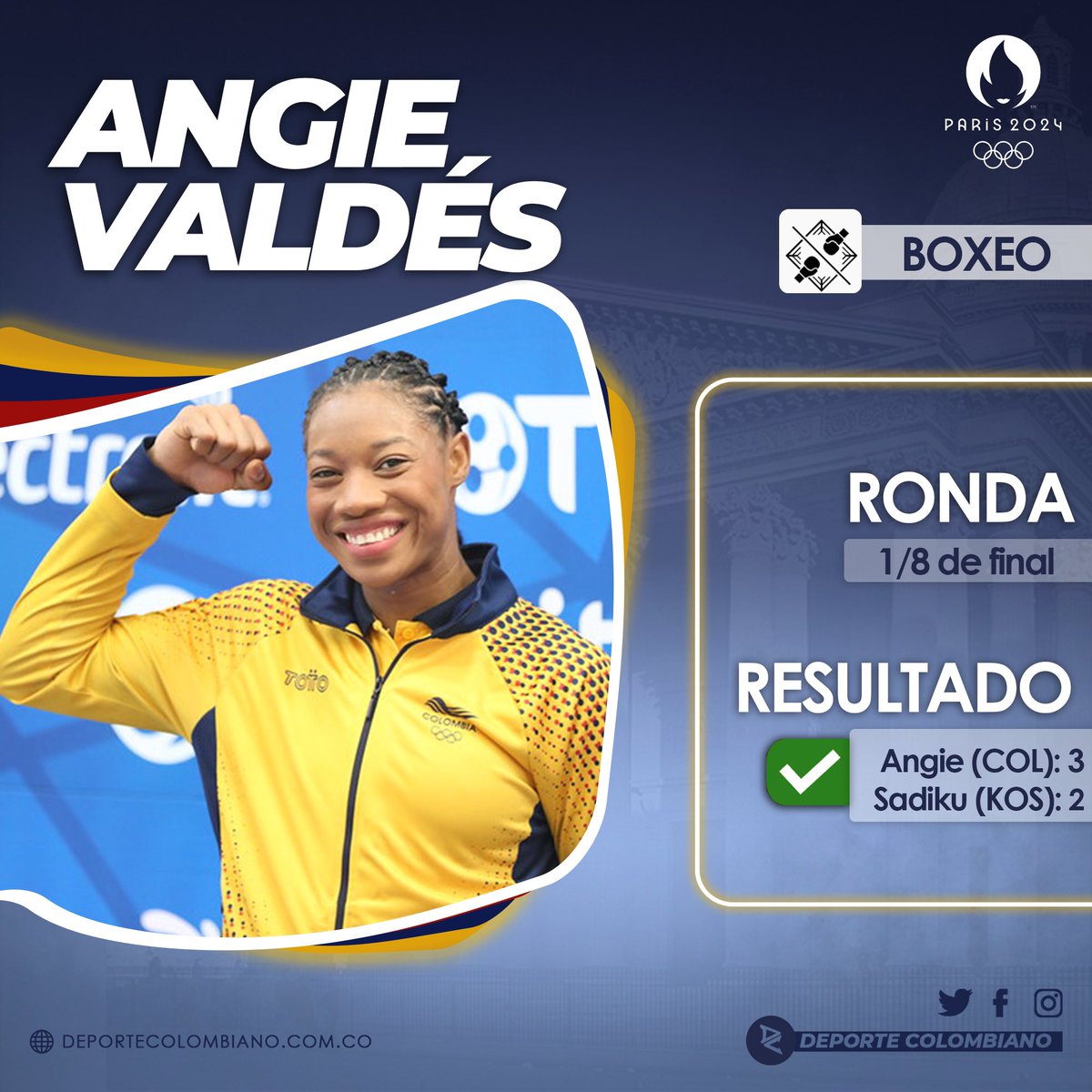 DeportColombia's tweet photo. ¡VICTORIA 😎! Angie Valdés avanza a cuartos de final 🥊

Una apretadisima pelea entre Angie Valdés 🇨🇴 y Donjeta Sadiku 🇽🇰 se quedó a favor de la colombiana por decisión dividida (3-2).

Tres jueces dieron la colombiana como ganadora en todos los asaltos, mientras que dos se fueron con la rival europea en #Paris2024. 

La próxima pelea será el miércoles 31 de julio a las 11:00 a.m ante la irlandesa Kellie Harrington, quien es la defensora de la medalla de oro 🥇 en Tokio 2021. 

A una de le medalla. ¡Vamos Angie 💛💛💙❤️!