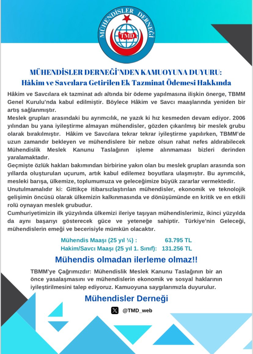 MÜHENDİSLER DERNEĞİ’NDEN KAMUOYUNA DUYURU: Hâkim ve Savcılara Getirilen Ek Tazminat Ödemesi Hakkında #TürkiyedeMühendisOlmak 
#kamuMUhendisleri
<a href="/Akparti/">AK Parti</a> <a href="/MHP_Bilgi/">MHP</a>
<a href="/_cevdetyilmaz/">Cevdet Yılmaz</a> <a href="/memetsimsek/">Mehmet Simsek</a> <a href="/yasaryldrmMHP/">Yaşar Yıldırım</a> <a href="/avabdullahguler/">Abdullah Güler</a> <a href="/mehmedmus/">Dr. Mehmet Muş</a> <a href="/ismailozdemirrr/">İsmail ÖZDEMİR 🇹🇷</a> <a href="/isikhanvedat/">Prof. Dr. Vedat Işıkhan</a>