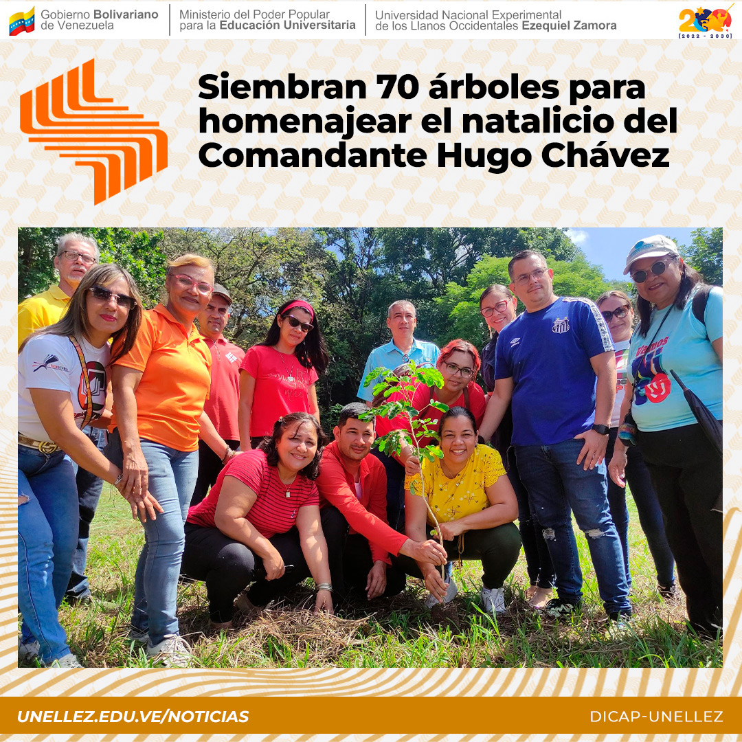 La actividad se desarrolló en áreas verdes de puerta 2, donde se concentraron los asistentes para rendir homenaje al Comandante Hugo Chávez con la siembra de varias especies como Araguaney, Masaguaros, Jacaranda, Apamates, Flamboyán y Samanes. Lee más en👉unellez.edu.ve/noticias
