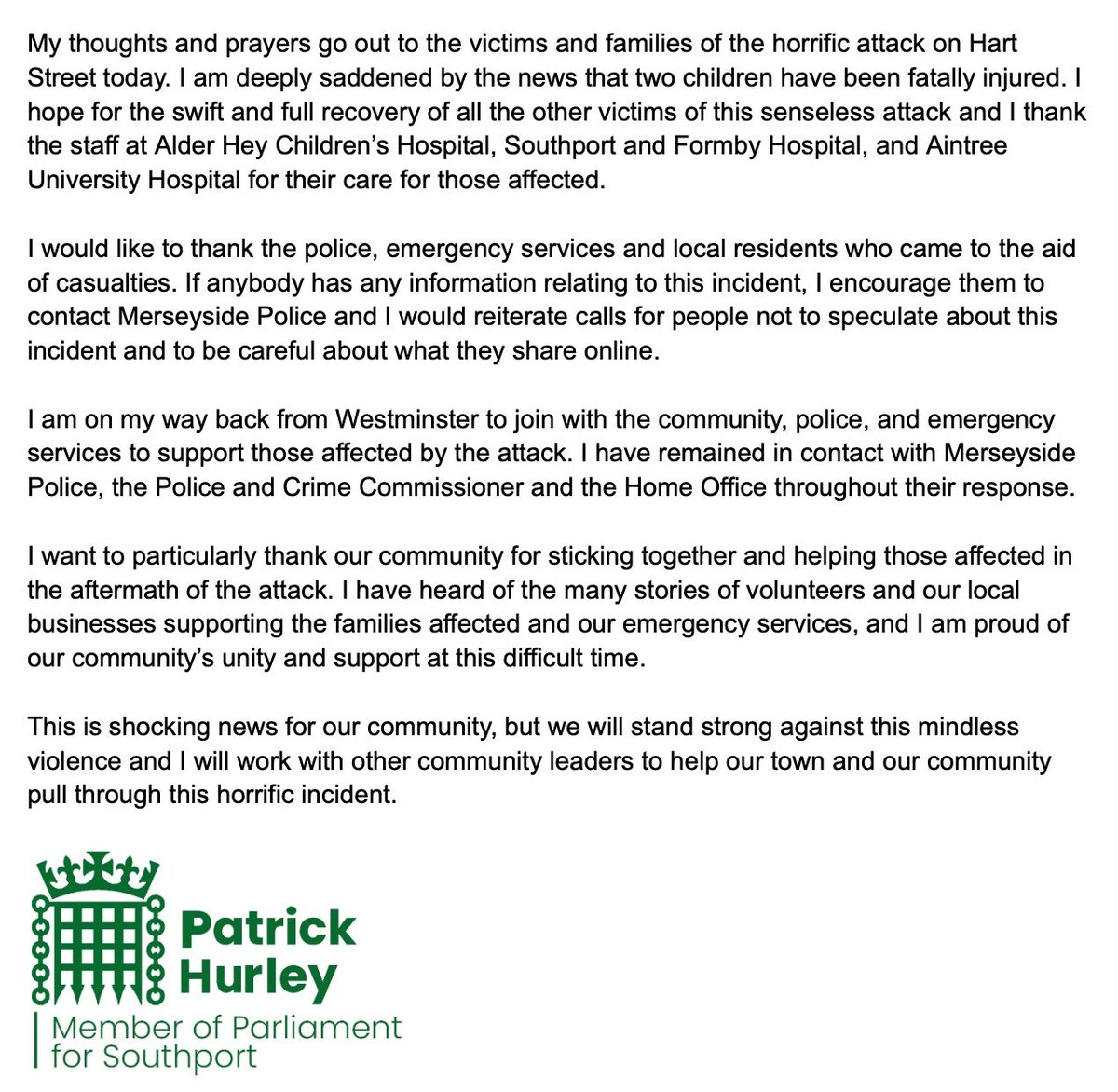 My statement following today's horrific attack in Southport.