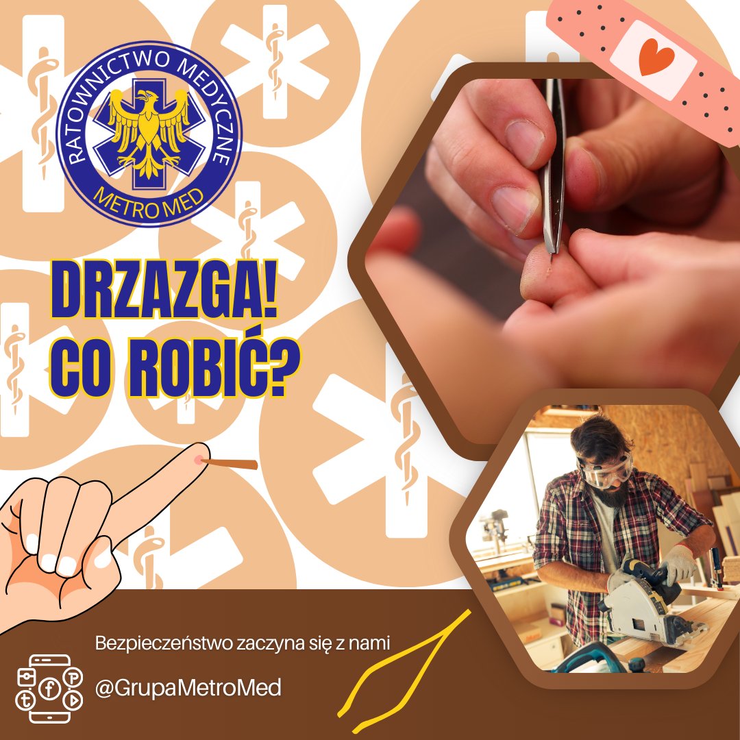 📢 Jak usunąć drzazgę? 
1. Umyj ręce 🧼 2. Zdezynfekuj pęsetę 3. Wyciągnij drzazgę 4. Zdezynfekuj ranę 🩹 7. Nałóż maść z antybiotykiem 6. Zaklej plastrem. 
Bądź przygotowany z Metro Med! #MetroMed #PierwszaPomoc zdrowie #ratownictwo