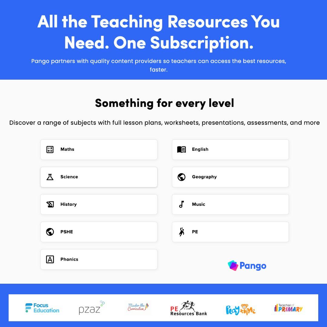 pango_education's tweet image. Pango offers a full primary curriculum for Science, Maths, English, Phonics, Music, History, Geography, PSHE &amp;amp; PE. Explore the best teaching resources from the best publishers, all under one roof! Free trial 👉hubs.li/Q02GWPbn0

#schemesofwork #edutwitter #teachers #lessons