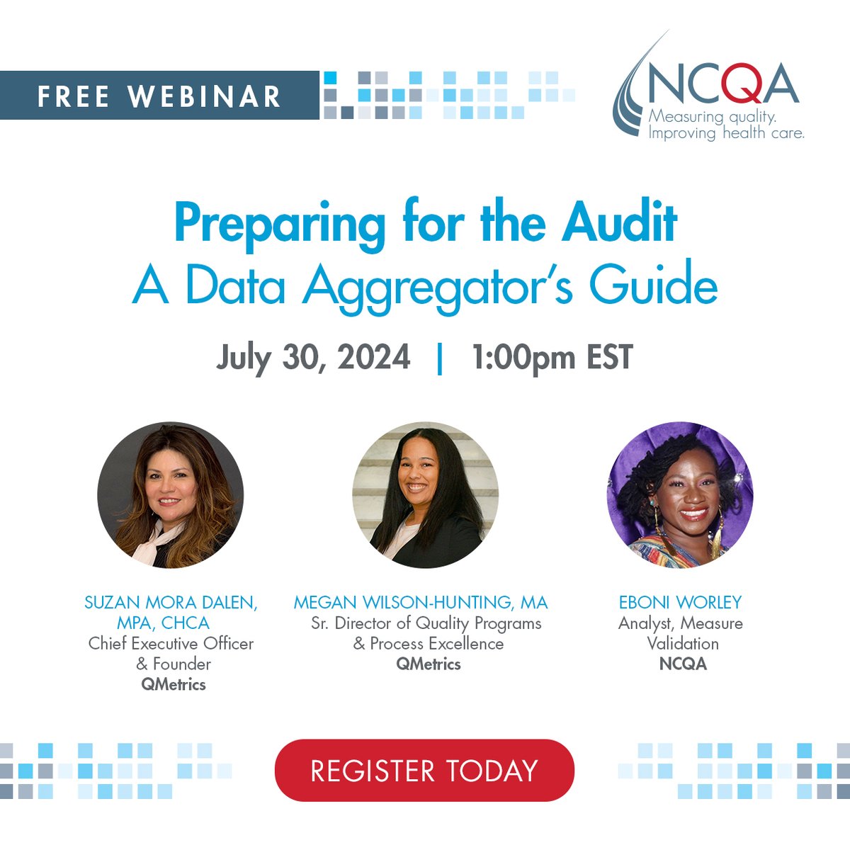 NCQA's tweet image. Join #NCQA and QMetrics tomorrow for a webinar that will ensure your data quality and validation success. Learn about the #DataAggregator Validation program, HEDIS® standard supplemental data and essential best practices. Register today: bit.ly/3LAf8kR

 #HealthEquity