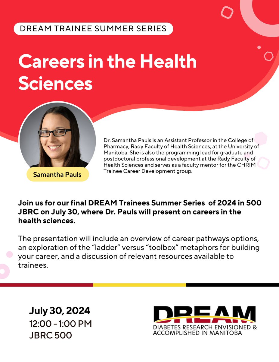 DREAM_Theme (@dream_diabetes) on Twitter photo The last <a href="/DREAM_trainees/">DREAM Trainees</a> Summer Series is happening TOMORROW, from 12 - 1 p.m. in JBRC! DREAM PI Dr. <a href="/pauls_samantha/">Samantha Pauls</a> will be presenting "Careers in the Health Sciences". All are welcome to attend! <a href="/CHRIManitoba/">CHRIM</a> <a href="/UM_RadyFHS/">U of M Rady Faculty</a> <a href="/um_research/">uManitoba Research</a> The last <a href="/DREAM_trainees/">DREAM Trainees</a> Summer Series is happening TOMORROW, from 12 - 1 p.m. in JBRC! DREAM PI Dr. <a href="/pauls_samantha/">Samantha Pauls</a> will be presenting "Careers in the Health Sciences". All are welcome to attend! <a href="/CHRIManitoba/">CHRIM</a> <a href="/UM_RadyFHS/">U of M Rady Faculty</a> <a href="/um_research/">uManitoba Research</a>