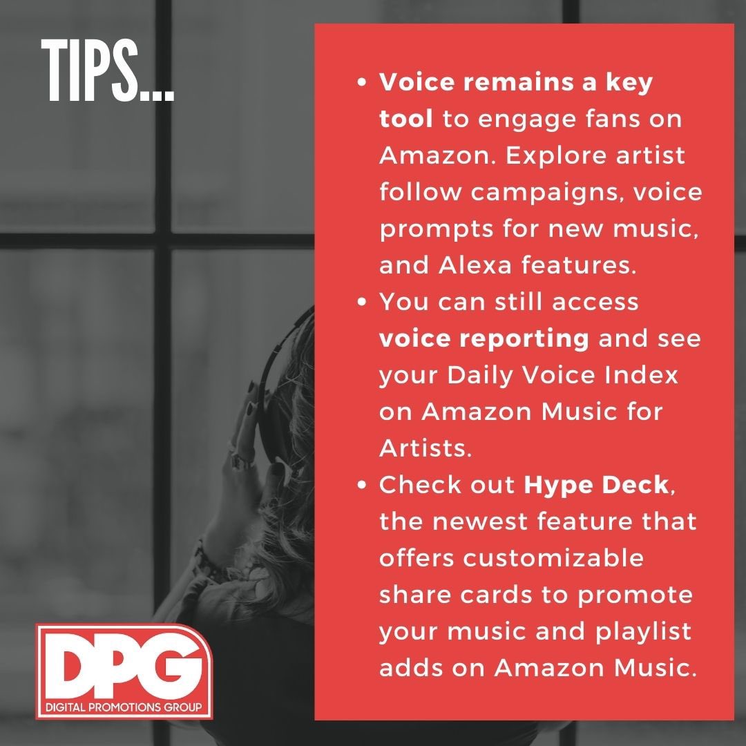 Starting July 31, Amazon Music for Artists will no longer support Spotlights and Intros. But don’t worry, voice tools are still a powerful way to engage fans!

#AmazonMusicForArtists #VoiceTools #MusicPromotion #ArtistUpdate #DPGInsights