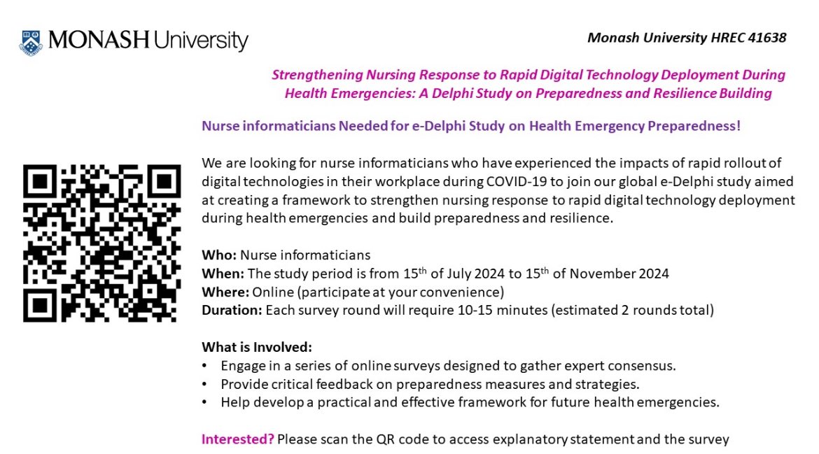 Are you a nurse information?  Please join our global e-Delphi study aimed at creating a framework to strengthen nursing response to rapid digital technology deployment during health emergencies and build preparedness and resilience. If you are keen, please complete this survey