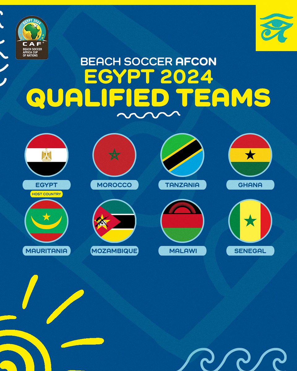 CAF_Online's tweet photo. The Beach Soccer AFCON 2024 is set. ✅
Give it up to the 8 teams who made it to the finals. 👏 https://t.co/6TscJQONy6