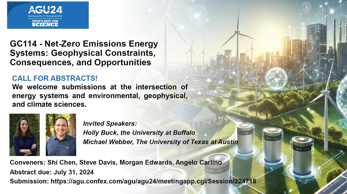 Angelo Carlino (@angelocarlino3) on Twitter photo ⏰ Abstract submission approaching ⏰
3 DAYS left to submit!!
Please submit your work on #netzero emissions #energy systems and join us for an engaging session with our invited speakers <a href="/hollyjeanbuck/">Holly Jean Buck</a> & <a href="/MichaelEWebber/">Michael E. Webber</a> at #AGU24!
🔗Submit here: agu.confex.com/agu/agu24/meet… ⏰ Abstract submission approaching ⏰
3 DAYS left to submit!!
Please submit your work on #netzero emissions #energy systems and join us for an engaging session with our invited speakers <a href="/hollyjeanbuck/">Holly Jean Buck</a> & <a href="/MichaelEWebber/">Michael E. Webber</a> at #AGU24!
🔗Submit here: agu.confex.com/agu/agu24/meet…