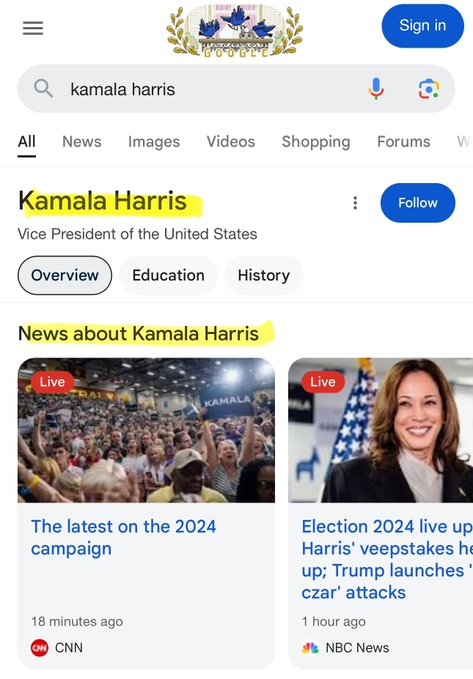 MarioNawfal's tweet photo. 🚨🇺🇸Search results for Donald Trump on Google show pieces about Kamala! https://t.co/K3a8kKeumC