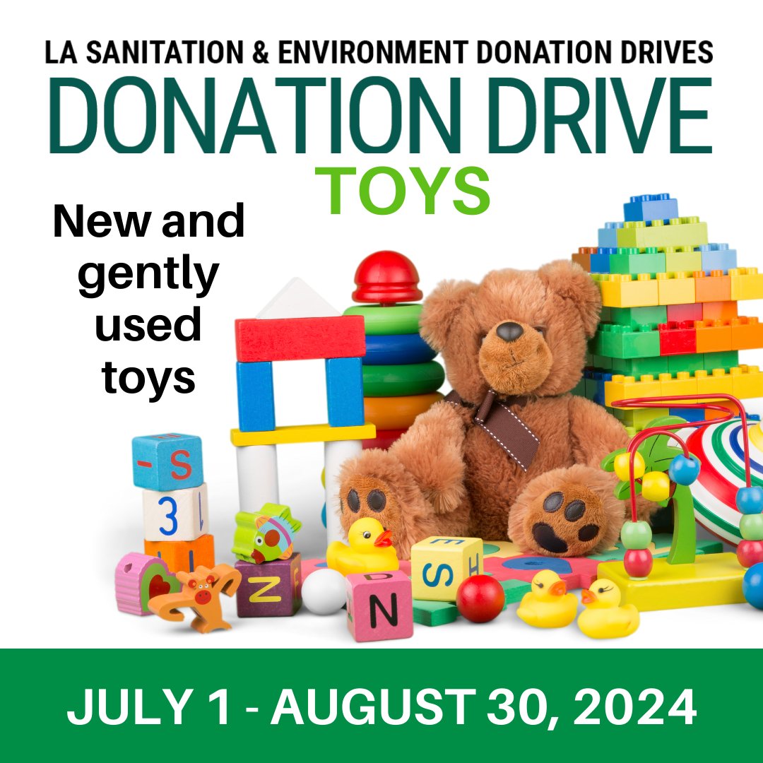 LACitySAN's tweet photo. #LASAN is hosting a #toydrive through 8/30. Donated toys will be provided to LA County's Toy Loan Program, which provides toys to more than 30,000 low income children annually.
https://t.co/WsGxcJUMY4
#teddybears #dolls #baseball #basketball #football #sports #donation https://t.co/p1GvrN8wfp