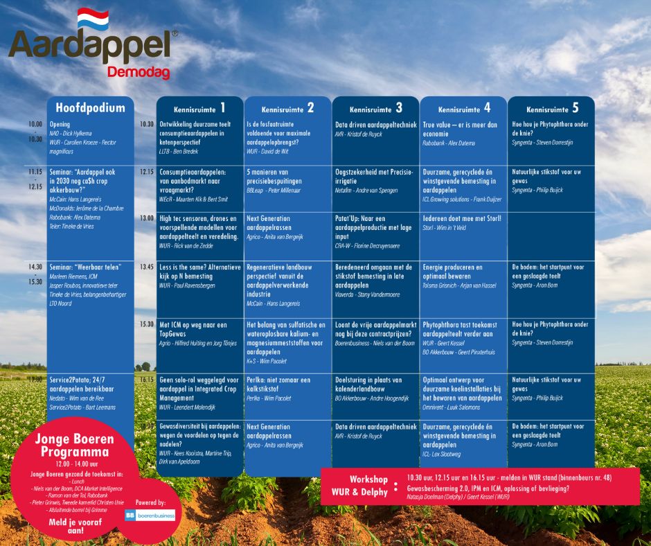 Goed nieuws! 🎉 Het programma en de plattegrond voor de Aardappeldemodag op 21 augustus zijn bekend! 🥔 Bekijk het volledige programma én de plattegrond hier: aardappeldemodag.nl/bezoekers 🌱 Laat je inspireren door de nieuwste innovaties in de aardappelsector! #Aardappeldemodag