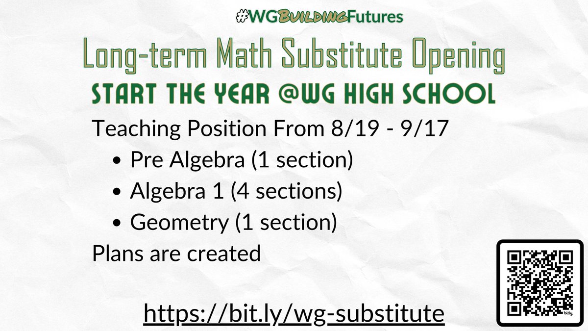 wgcsdhawks's tweet photo. If you are looking for a great place to start the year, Woodward-Granger High School is taking applications for a Long-Term Math Substitute to be with us until September 17th. Fill out an application @ https://t.co/mT5wmG41ah https://t.co/TijIAg2USb