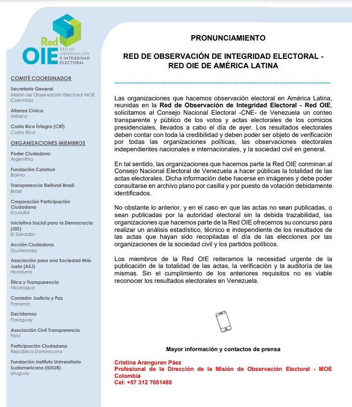 ELECCIONES DE VENEZUELA: SIN ACTAS NO SE PUEDEN RECONOCER LOS RESULTADOS ELECTORALES EN VENEZUELA. COMUNICADO RED-OI