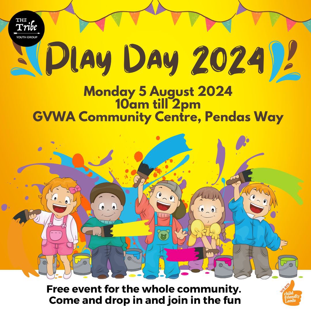 Save the date…
Monday 5th August at GVWA Community Centre for the whole community. 
FREE Event outdoors on the field with a sports theme. 
Come and drop in to the session and play (parents to stay)

*Members of Tribe can come as normal and stay for the full day without parents*