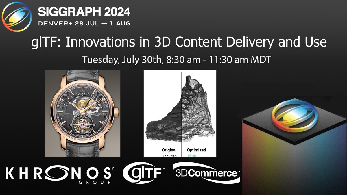 glTF3D's tweet photo. Tomorrow morning starting at 8:30am MDT, be sure to join us in Room 710 for all things glTF. Learn about physics, interactivity, scene building and management, content creation pipeline, and more!
https://t.co/d6iwaz3xAj
#glTF #3DCommerce https://t.co/BcYRKqRAoZ
