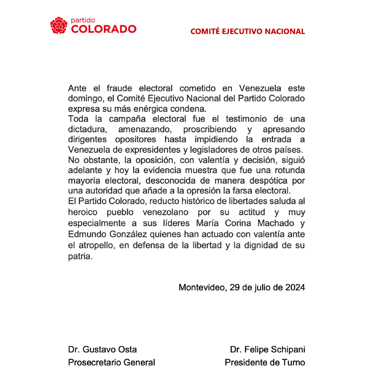 PartidoColorado's tweet photo. El Comité Ejecutivo Nacional del Partido Colorado expresa su más enérgica condena ante el fraude electoral cometido en Venezuela este
domingo. https://t.co/vv7F1J06Wu