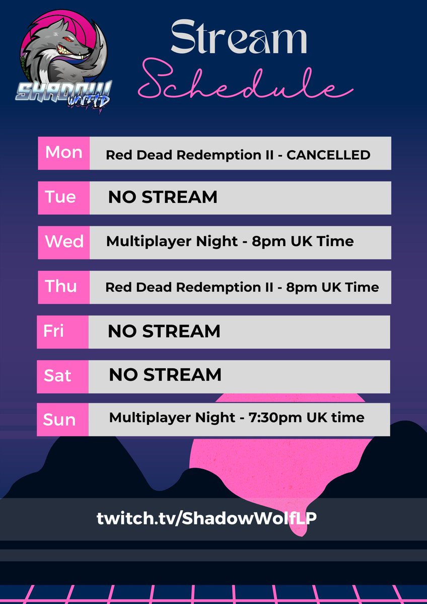 Sadly cancelling stream tonight. Way too hot in the stream room. Gonna put safety first. Schedule Is Below. See you all Wednesday.